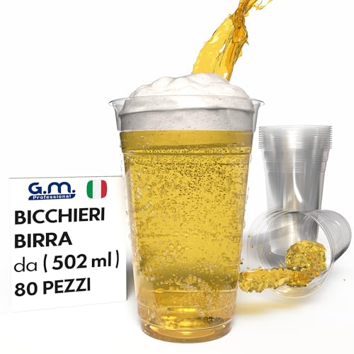 G.M. DISTRIBUZIONE 80 Bicchieri Birra da 500ml in PP Trasparente, Bicchieri Usa e Getta per Birra tacca 4cl, Bicchieri Monouso per Bar e Lounge Bar
