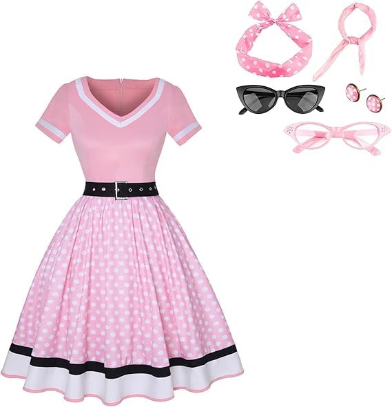 DELIVESS Vintage 1950s Women's Polka Dot Dress - Retro Rockabilly Costume for Party & Halloween 7PCS(Pink,Large) โ image 1