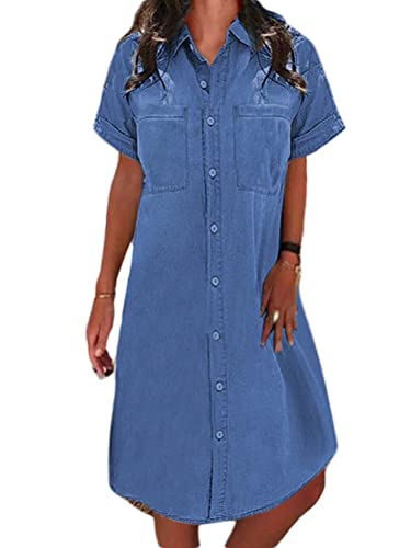 shownicer Jeanskleid Damen Denimkleid Jeans Kleider V-Ausschnitt Kurzarm...