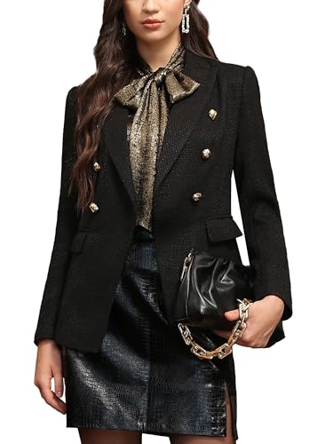M.Infisavo Womens Double Breasted Blazer Peaked Lapels Office Suit Jacket Long Sleeve Pocket Lined Tweed Outfits
