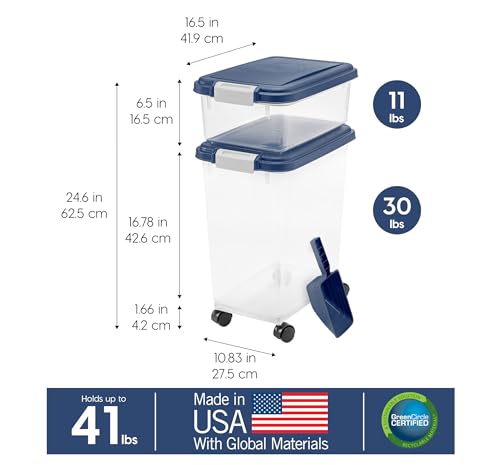 IRIS-USA-30-lbs-11-lbs-Combo-Airtight-Dog-Food-Storage-Container-Stackable-Treat-Box-2-Cup-Scoop-Wheels-Keep-Fresh-Easy-Mobility-Navy - Cucciolini Doodles   IRIS-USA-30-lbs-11-lbs-Combo-Airtight-Dog-Food-Storage-Container-Stackable-Treat-Box-2-Cup-Scoop-Wheels-Keep-Fresh-Easy-Mobility-Navy