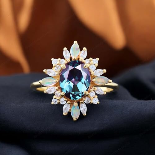 Vintage Alexandrite Engagement Ring 14k Yellow gold Handmade Diamond Jewelry Delicate Bridal Opal Halo Ring June Birthstone Chirstmas Gift for Her2