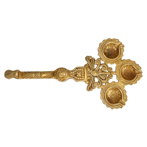 Kartique Brass Long Handle Aarti Diya Arti Dia Oil Deepak Lamp for Pooja Camphor Kapoor Kapur Burner Hand Held Puja Jyot for Table Mandir