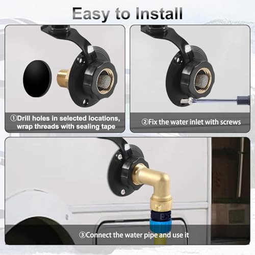 Image of RV City Water Inlet with Check Valve - RV Water Inlet Connection, RV Water Fill Inlet with 3 /4 inch NH Female to 1 /2 inch NPT Male, Ideal for RV, Travel Trailers, Camping, and Boats in Black (with Hose Elbow)