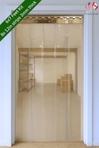 Image of Byson PVC Strip Curtain Door Kit 6 x 7 Feet (1.8 x 2.1 Meters) Coldroom Warehouse Catering Vinyl Heavy Duty Plastic Curtain Kit with 8 Strips (3mm Thick and 300mm Wide)