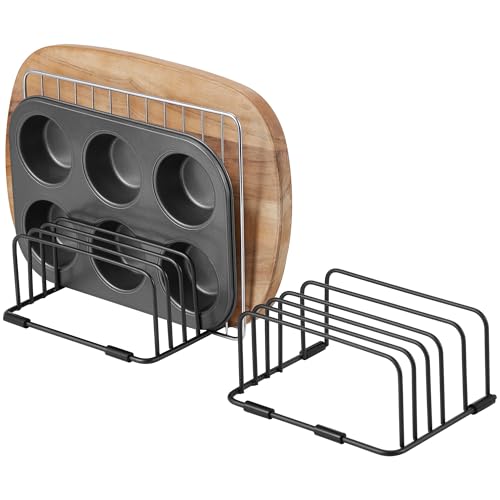 YOFOVI 2 Pack Cutting Board Organizer, 5 Slot Cutting Board Holder Rack with 4 Anti Slip Feet, Kitchen Cabinet Organizer for Bakeware, Cookie Pan Sheets, Black (1.1 and 0.6 Inch Wide)