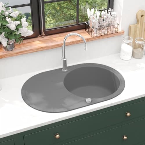 Snsowed Fregadero de Cocina de Granito con un Seno Ovalado Gris, Mueble Pila Lavadero, Pila Fregadero Cocina, Fregadero sobre Encimera, Fregadero Baño Encimera, Picas De Cocina