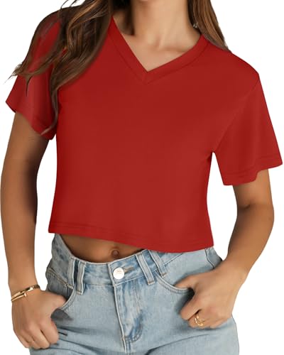 Image of Womens Crop Tops Short Sleeve V Neck Summer Cropped T Shirts Baisc Tees