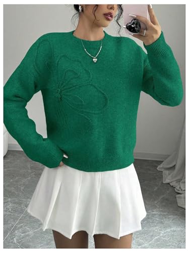 Image of RoseSeek Women's 3D Floral Appliques Crewneck Sweaters Long Sleeve Drop Shoulder Pullovers Elegant Knit Tops