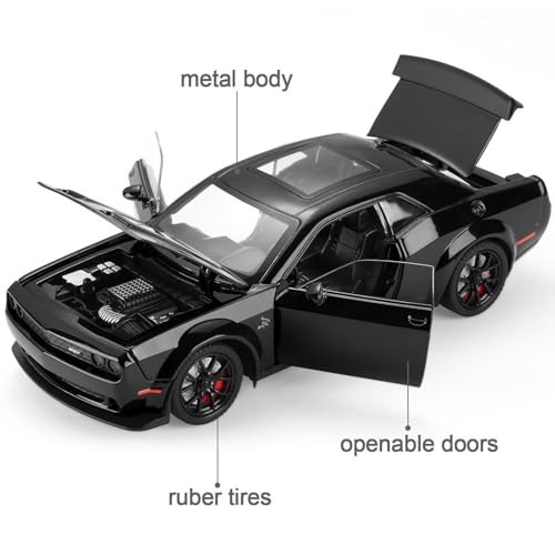 Image of WORSHIPER 1:24 Dodge Challenger SRT Exclusive Alloy Metal Pull Back Die-cast Car Model with Sound Light Mini Auto Toy for Kids for Toy Car with Sound and Light (1:24 Dodge Challenger - Black)