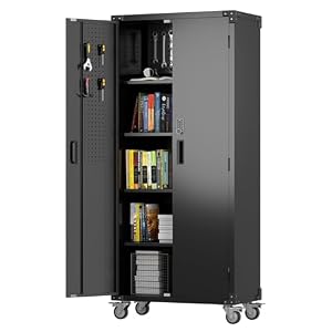 LOCENHU スチールキャビネット 鍵付き書庫 両開き 5段 キャスター付き 電子ロック付き ガレージ クリーニング用具収納 要組立 ブラック