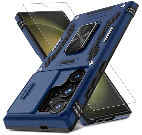 DEERLAMN Case for Samsung Galaxy S24 Ultra with Slide Camera Cover+Screen Protector (1 Pack), Rotated Ring Kickstand Military Grade Shockproof Protective Cover-Navy Blue by DEERLAMN - Used condition - US$7.09