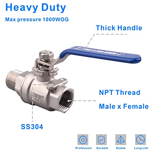 Dernord Full Port Ball Valve 1/2 Inch - Male X Female Stainless Steel 304 Heavy Duty For Water, Oil, And Gas,1000Wog (1/2 Inch Npt) #TOP4