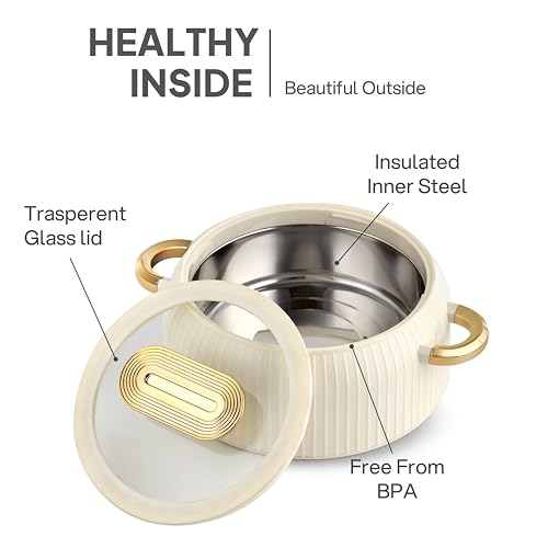 Image of CELLO Castella Deluxe Insulated Steel Casserole Case Set of 3 Pcs, Ivory (1000ml, 1500ml, 2500ml) | Airtight See Through Lid, Hot Pot Box Keeps Food Hot & Warm, Casserole Set for Roti Chapati Rice