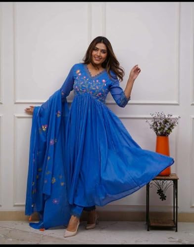 Image of Women's Cotton Embroidered Long Anarkali Kurti with pant and Dupatta Set
