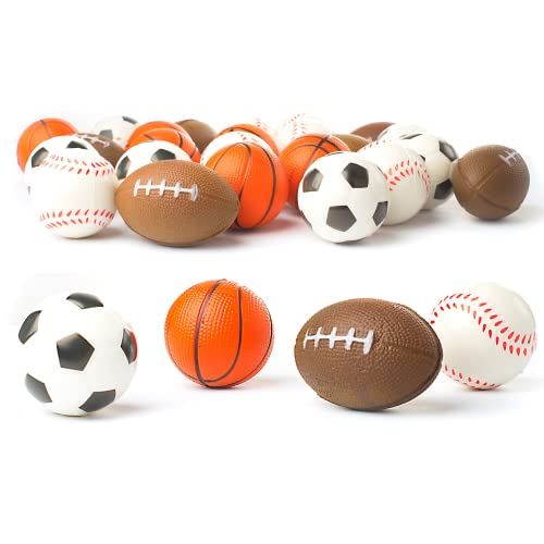 Set of 24 Sports 2.5  Stress Balls - Includes Soccer Ball, Basketball, Football, Baseball Squeeze Balls for Stress Relief, Party Favors, Ball Games and Prizes, Stocking Stuffers - Bulk 2 Dozen Balls