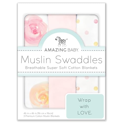 Image of Amazing Baby Muslin Swaddle Blankets for Baby Girls, Newborn Receiving Blanket, 100% Cotton Baby Swaddle Wrap, Set of 3, XLarge 46x46 inches, Watercolor Bliss, Pink