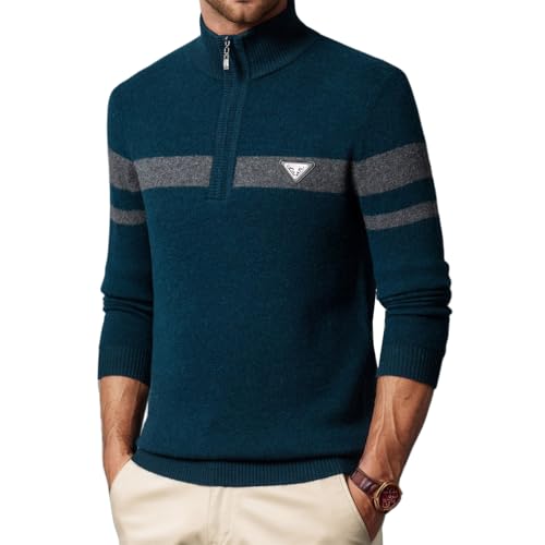 Men's 100% Wool Quarter Zip Stripes Sweaters Casual Long Sleeve Knitted Stand-Up Collar Pullover Polo Sweater
