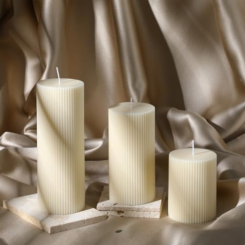 Ribbed Pillar Candles Set of 3, Width 3" High 4" 6" 8" Large Soy Wax Orchids Scented Pillar Candles Aesthetic Ribbed Modern Home Decor for Bathroom Living Room(Cream) - Image 6