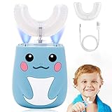 Shineny New U-Shaped Ultrasonic Kids Electric Whitening Toothbrush, Six Modes 360° Cleaning, IPX7 Waterproof, USB Charge, Cartoon Design for Kids 2-7 Year (Blue)