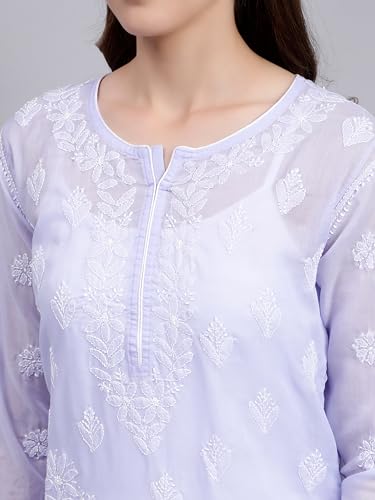 Image of Seva Chikan Hand Embroidered Lucknowi Chikankari Terivoil Cotton Regular Fit Straight Kurta for Women SCL4351