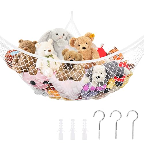 ASelected Toy Net Hammock Teddy Hammock With Hooks Large Mesh Toys Holder Toy Storage Net Corner Wall Net Organiser- Keep Childs Room Nursery Tidy For Soft Stuffed Animal Toys Teddy Bear White