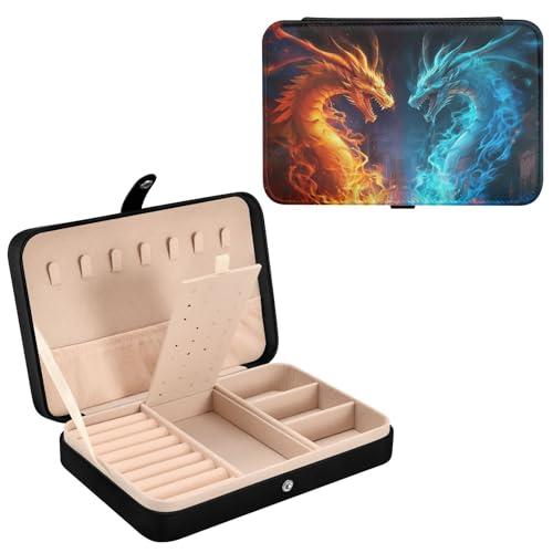 Haskirky Water Fire Dragon Jewelry Box Portable PU Leather Travel Jewelry Organize for Women Jewelry Storage Display Holder for Ring, Necklace, Earring