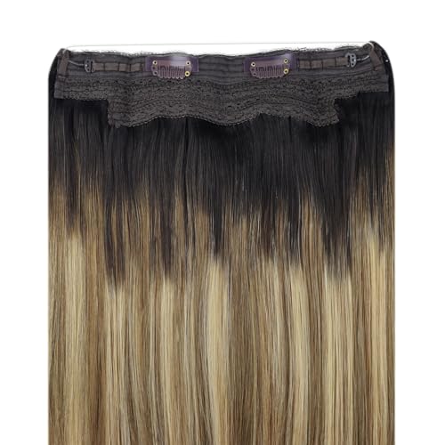 Image of YoungSee 135G Wire Hair Extensions Real Human Hair Ombre, 20 Inch Balayage Human Hair Wire Extensions, Dark Roots to Medium Brown with Blonde, Fish Line Hair Extensions for Women