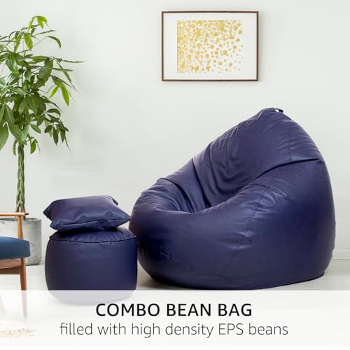 Image of Amazon Brand - Solimo 5XL Premium Faux Leather Bean Bag with Footstool & Cushion Combo for Living Room | Bean Bag Filled with Beans | Capacity Upto 6'7 inch Height & 130 Kg Weight | (Blue)