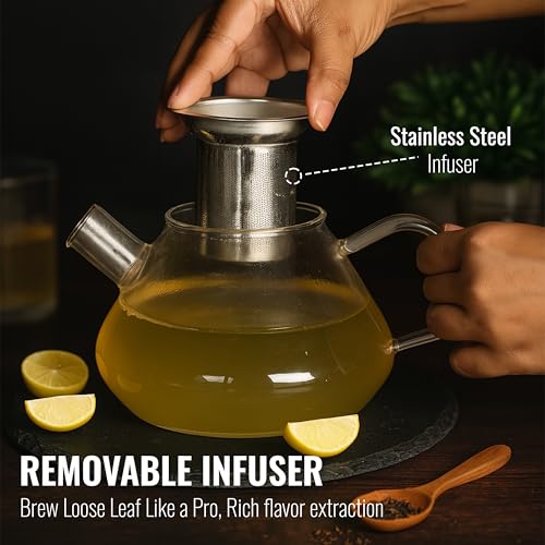 Image of Tea Pot - Glass Kettle for Gas Stove - Borosilicate Glass Teapot with Stainless Steel Infuser, Heat-Resistant, Drip-Free Spout, Ideal for Loose Leaf & Blooming Tea, 1000ml, Golden Brew