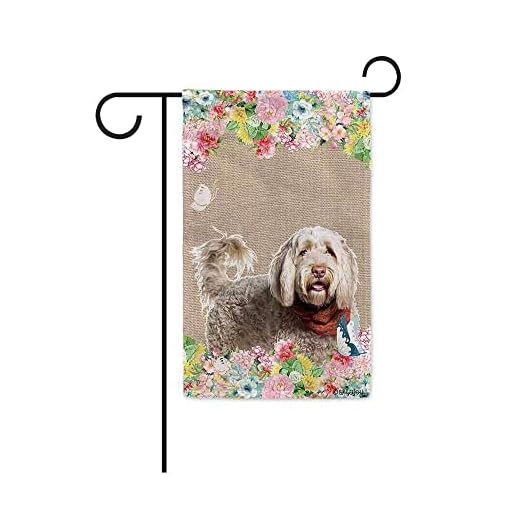 Hej vårblommor med min kärlek hund portugisisk vatten hund trädgårdsflagga polyester heminredning banderoll premium dekorativ utomhusflagga för balkong uteplats veranda säsongsflaggor 32 x 48 cm dubbelsidigt tryck