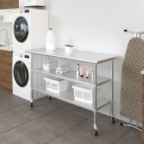 Image of AmGood Stainless Steel Work Table with 2 Shelves and Casters | Metal Utility Table On Wheels (Stainless Steel Work Table with 2 Shelves + Casters, 60 inch Long x 30 inch Deep)