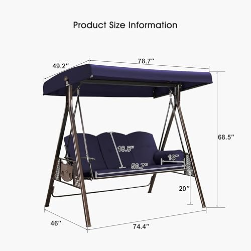 Image of PURPLE LEAF 3-Seat Deluxe Outdoor Patio Porch Swing with Weather Resistant Steel Frame, Adjustable Tilt Canopy, Cushions and Pillow Included, Navy Blue