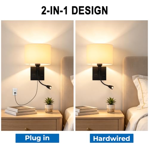 Image of Plug in Wall Sconces with Reading Light, Wall Lamp Bulb Included | Wall Lights for Bedroom Living Room, Headboard with 3 Color Temperature, Bedside Lamp with AC Outlet & USBA+C Charging Port