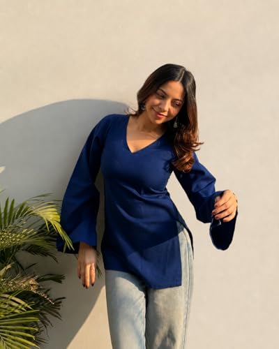 Image of ANNI Designer Short Kurti for Women Solid Design | V Neck Full Sleeve Kurti Tops for Women | Stylish Kurtis & Short Kurtis for Woman | Casual Kurti with Jeans | Kurtas for Woman