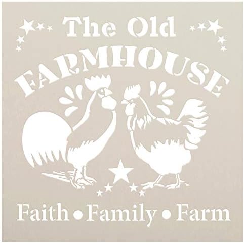 Old Farmhouse Chicken Stencil by StudioR12 | DIY Family Faith Rooster Home Decor | Craft & Paint Wood Sign | Reusable Mylar Template | Select Size (12 inches x 12 inches)