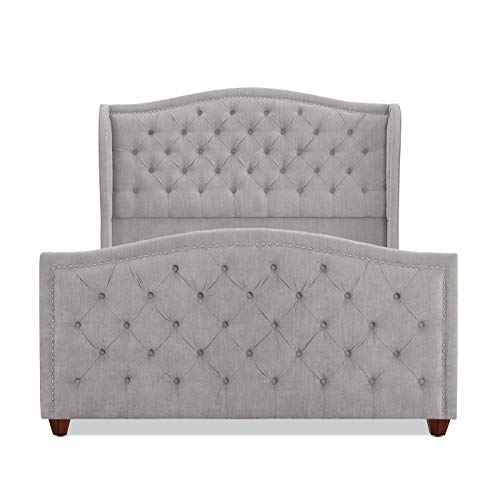 Jennifer Taylor Home Marcella Collection Queen Wingback Tufted Hand-Applied Nail Heads Upholstered Bed, Silver Grey