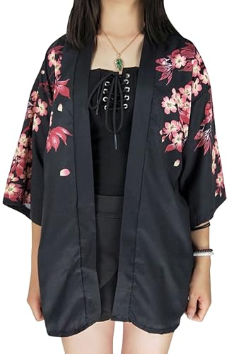 Image of LAI MENG FIVE CATS Women's Floral Print Loose Blouse Japanese Kimono Tops | Puff Sleeve,Cover up Top,Casual Cute Tops,Summer Cardigans 2026
