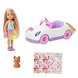Barbie Club Chelsea Doll (6-inch Blonde) with Open-Top Rainbow Unicorn-Themed Car, Pet Puppy, Sticker Sheet & Accessories, Gift for 3 to 7 Year Olds