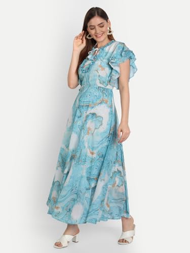 Image of Women's Tie Dye Printed Georgette Standard Regular Fit and Flare Casual Knee Length Western Dress