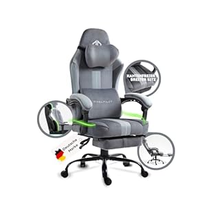 Ergonomischer Gaming Stuhl [Atmungsaktiver Stoff] Gaming Chair mit Fußstütze, Kopf- und Lendenwirbelstütze, Gamer PC Stuhl breite Sitzfläche, Bürostuhl 150 kg Belastbarkeit (Nebula I, Grau)