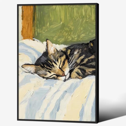 Sleeping Tabby Cat Canvas Wall Art Cute Fun Animal Aesthetic Poster 16X24 inch Black Framed Retro Pet Portrait Oil Painting for Living Bedroom Apartment Wall Decor