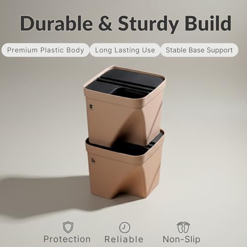 Image of 10L Dustbin with Lid | Beige | Pack of 2 | Multipurpose Garbage Bin for Kitchen, Home & Office | Wet & Dry Waste Basket for Food Waste, Recycling & Indoor Outdoor Use