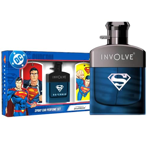 Image of Involve Your Senses Superman Car Perfume Spray with 3 Hanging Cards | DC OFFICIAL MERCHANDISE from Warner Bros | Freshen Up Your Car with Strong Aquatic Notes - WBSPR03-50ml | Car Air Freshener