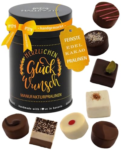 Hallingers Genuss Manufaktur Pralinen Glückwunsch-Geschenk - ohne Alkohol, handmade aus Confiserie-Edelkakao in wertiger Geschenkdose 'Herzlichen Glüc...', Geschenkidee für Frauen Männer
