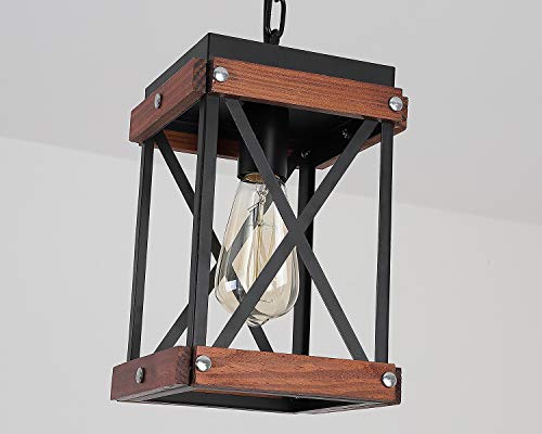 Fivess Lighting Rustic Farmhouse Pendant Light With Wood And Metal Cage, One-Light Adjustable Chains Industrial Mini Pendant Lighting Fixture For Kitchen Island Cafe Bar thumb #4