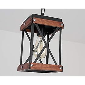 Fivess Lighting Rustic Farmhouse Pendant Light with Wood and Metal Cage, One-Light Adjustable Chains Industrial Mini… 41iFuLMFg5L. SS280