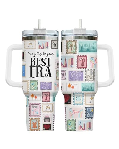 GEPOSTORE Stamp Collage Tumbler 40oz With Handle And Straw, Insulated Stainless Steel Travel Cup, Music And Book Lover Water Bottle, Birthday And Mothers Day Gift For Women