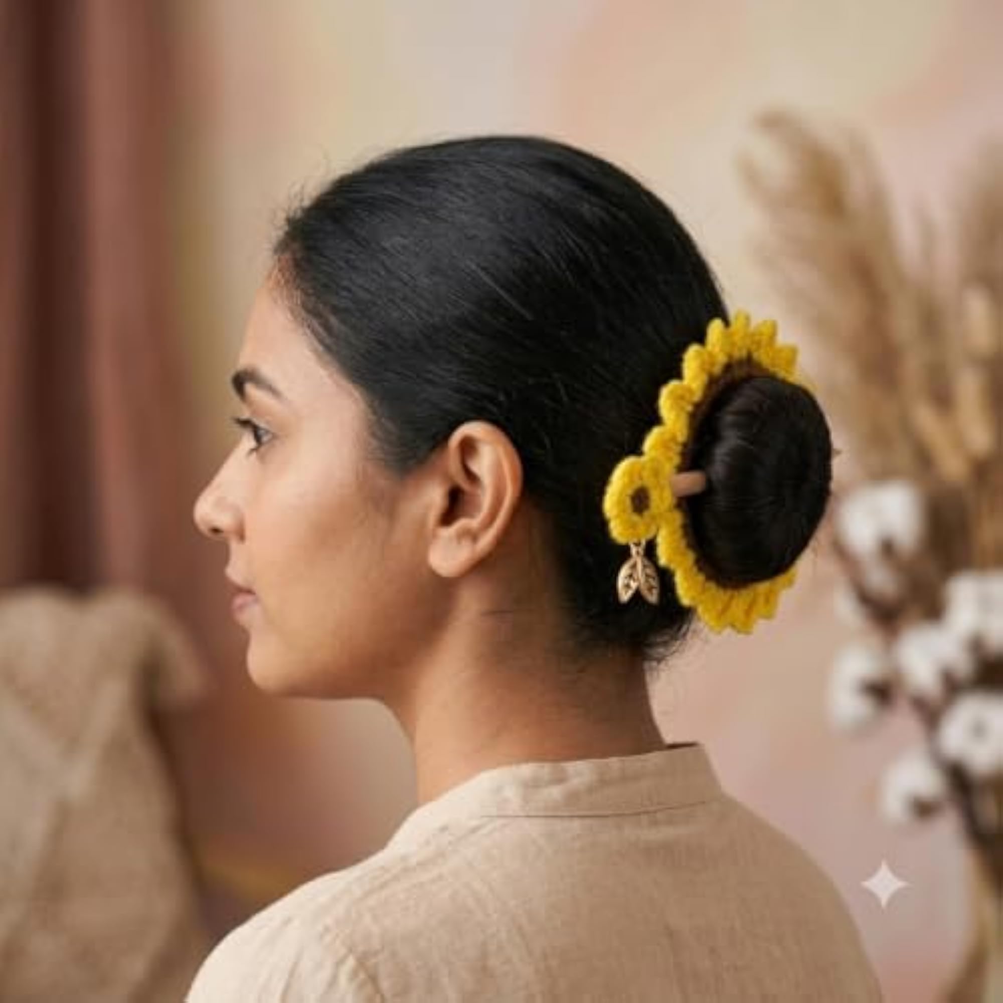 Crochet Sunflower Hair Clip with Wooden Stick and Leaf Charm