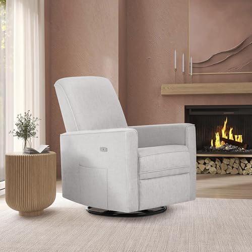 Image of Evolur Harlow Upholstered Power Glider Recliner with USB Charging - Rocking & 275 Swivel with Smooth Glide - Greenguard Gold & FSC Certified - Modern Nursery and Living Room Chair in Fog